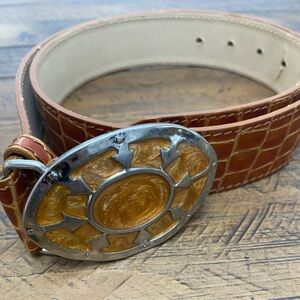 Garuglieri Brown Leather Belt with Silver / enamel buckle Made in Italy